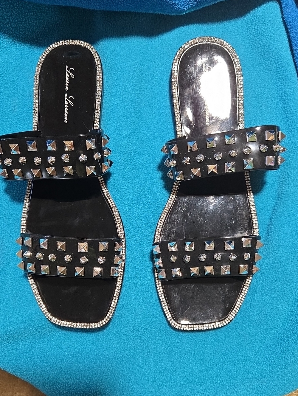 Lauren Lorraine Black Double-Stud Slide Sandals with Rhinestone Trim